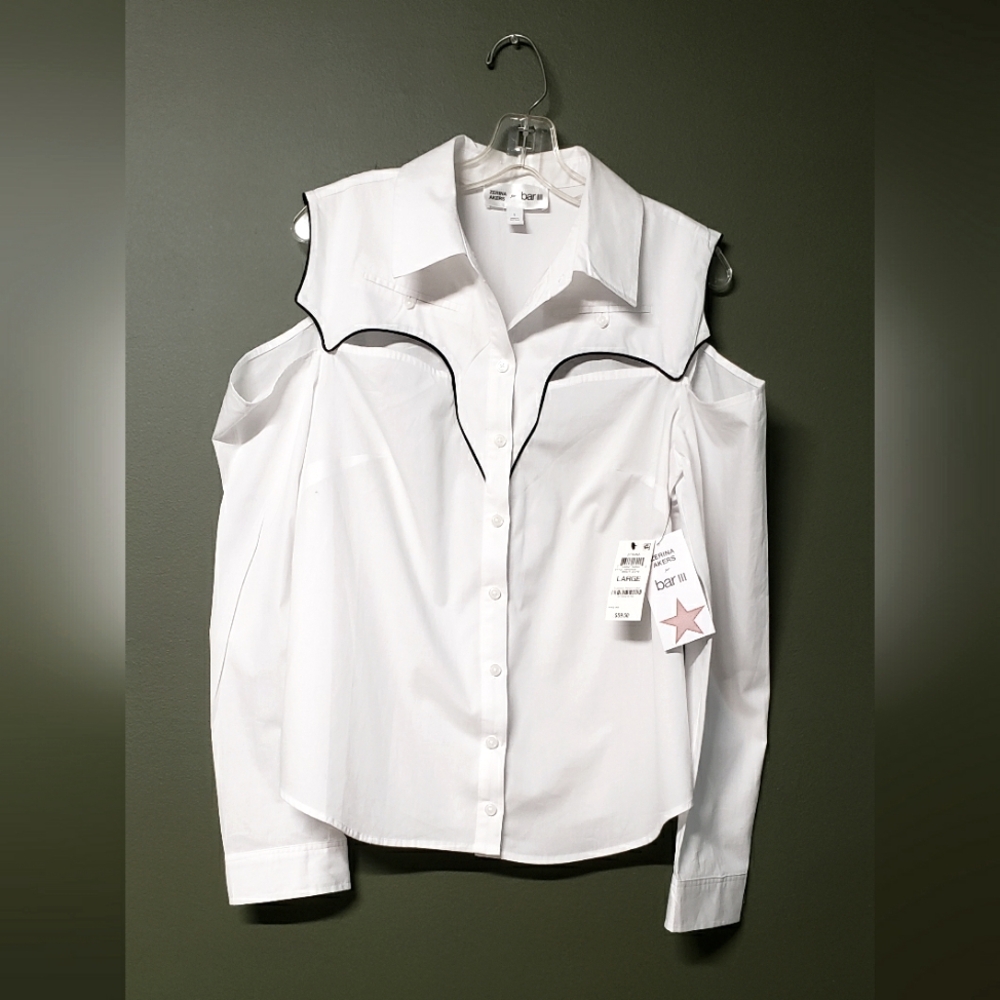 White Cold-Shoulder Button-Down Shirt – Modern & Elegant